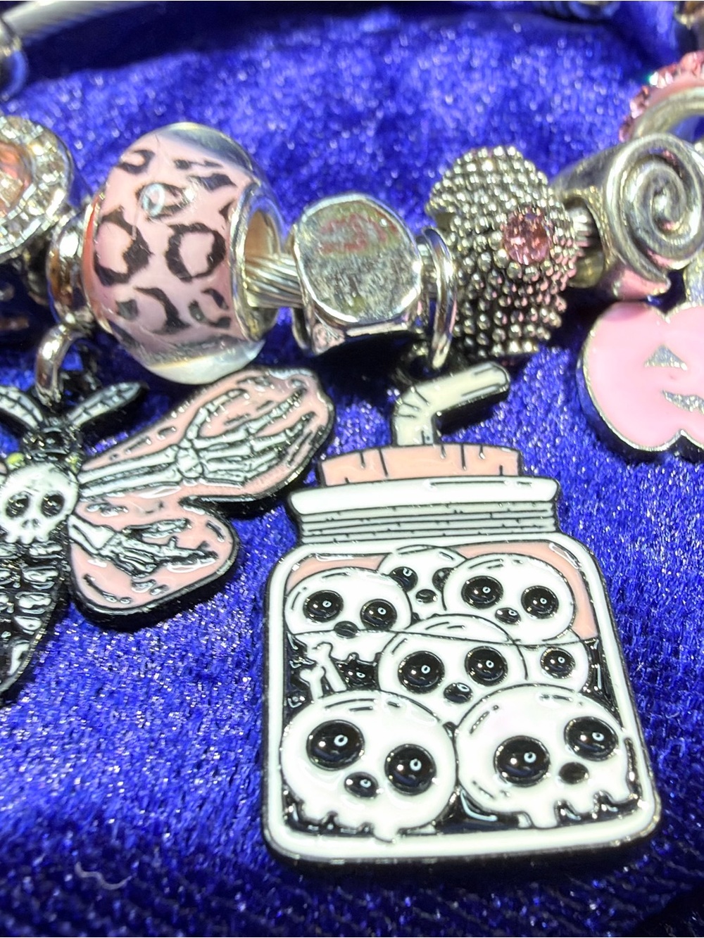 New Black/Pink Charm Bracelet w Skulls, Skeleton Butterfly, Pink Pumpkin Cupcake